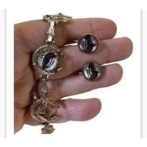 Vintage Hand Painted Horses under crystal Discs bracelet with matching earrings.